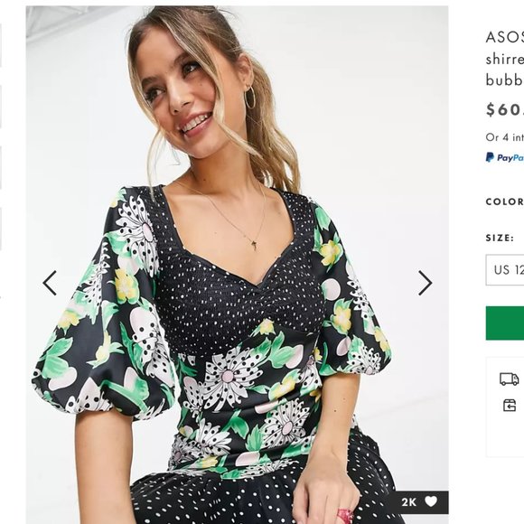 ASOS DESIGN mixed print shirred midi tea dress with bubble sleeve - Picture 2 of 5